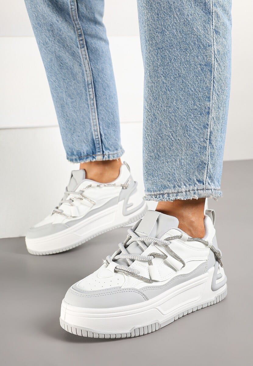 Biało-Czarne Sneakersy na Platformie z Paskiem z Cyrkonii Aneolin