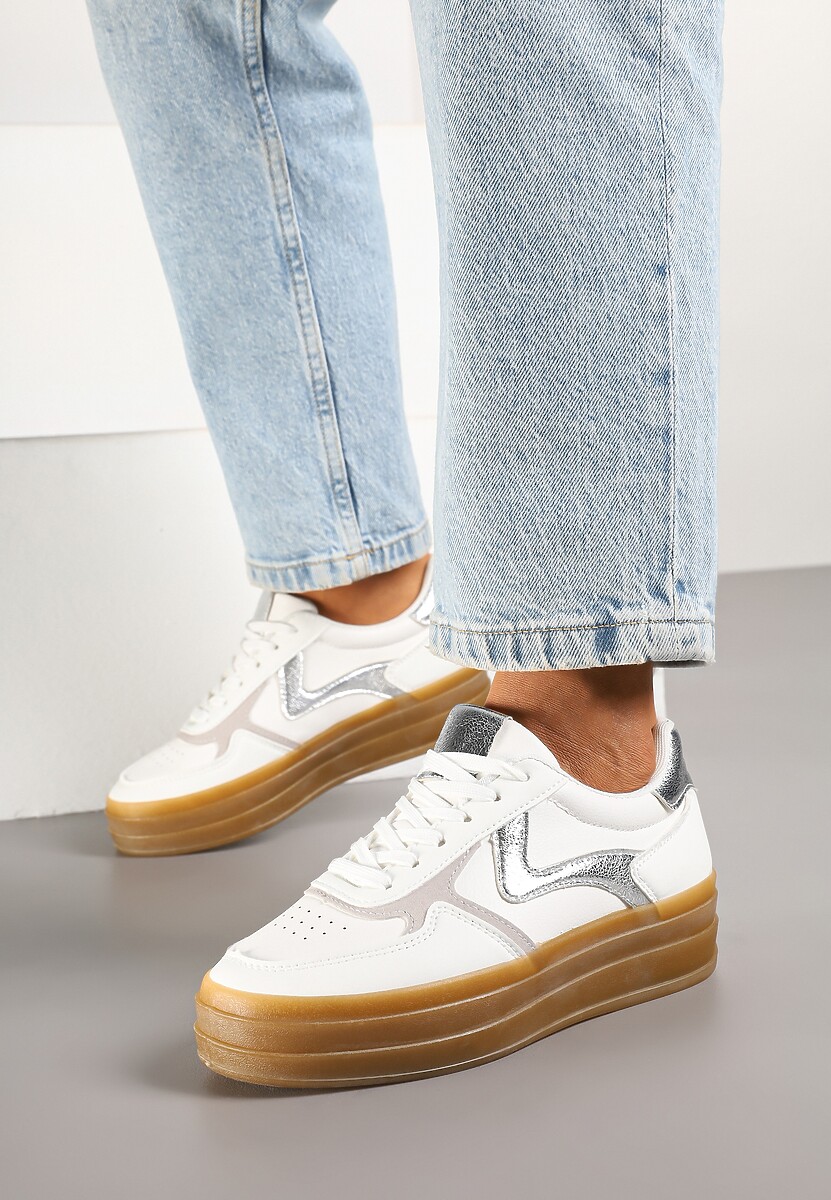 Biało-Srebrne Sneakersy Klasyczne Tenisówki na Tłoczonej Platformie Melvesia