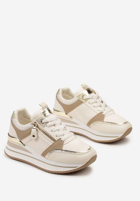 Beżowe Sneakersy na Platformie z Metaliczną Lamówką i Brokatem Bivina