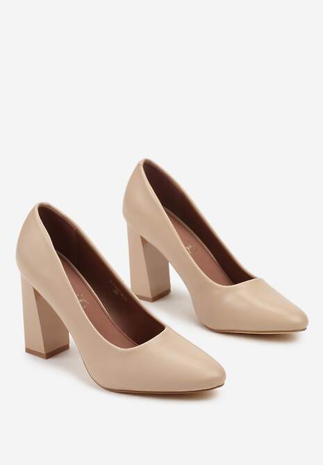 Beżowe Czółenka Vices na Słupku Klocku ze Skórzaną Wkładką  Esmela