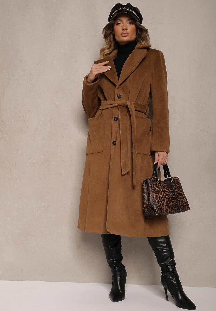 Beżowy Długi Płaszcz Jednorzędowy z Paskiem w Talii Zeneti
