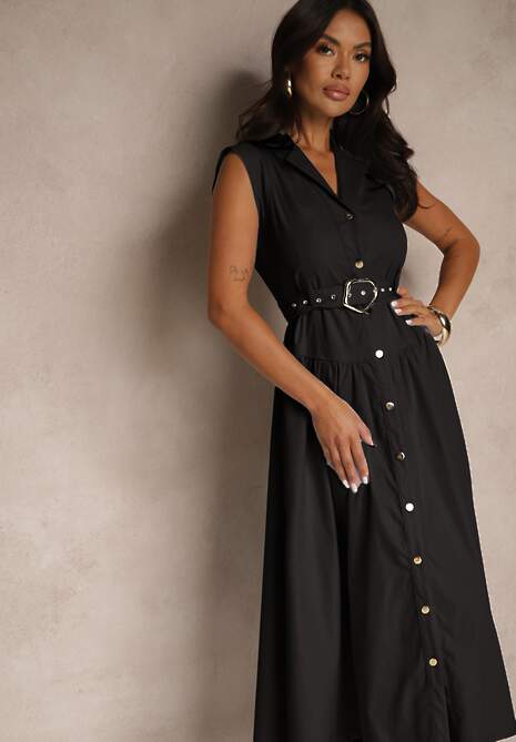 Czarna Koszulowa Sukienka z Ozdobnym Paskiem Deviolin