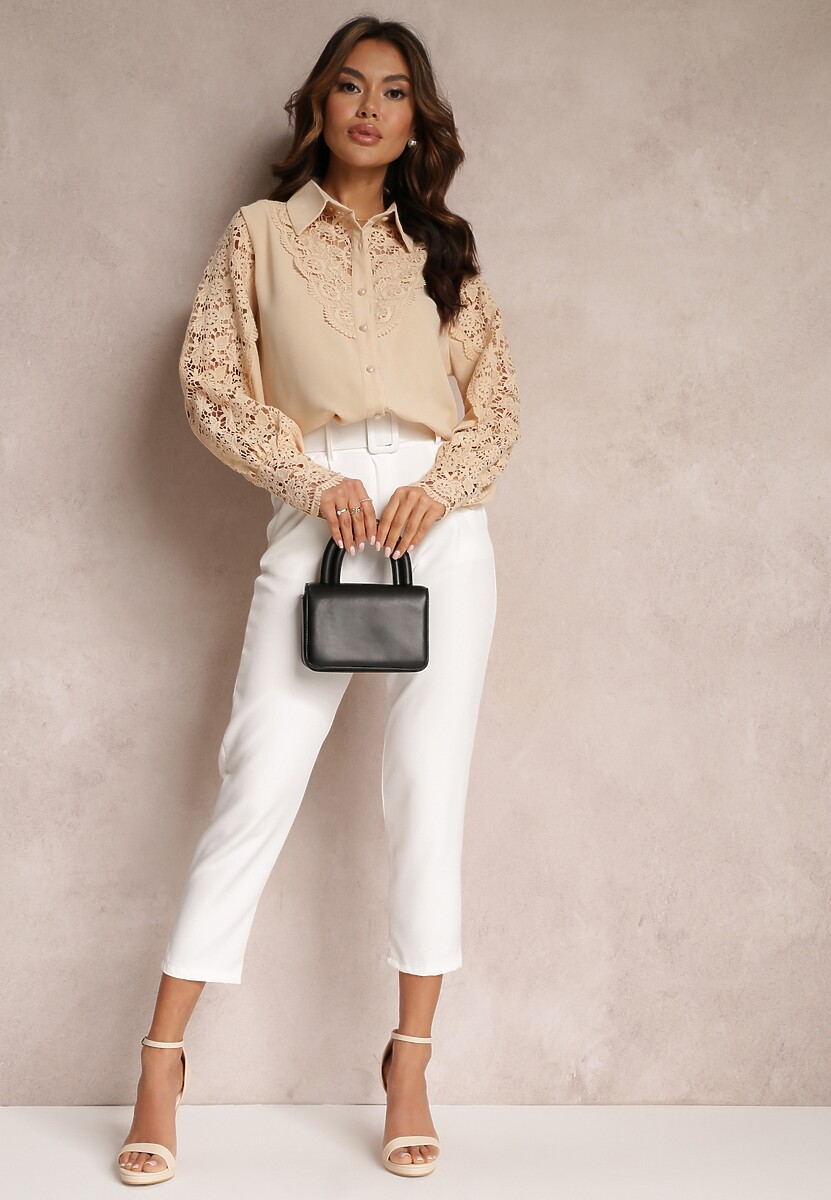 Beżowa Ażurowa Koszula z Bufiastym Rękawem i Perłowymi Guzikami Ingebo