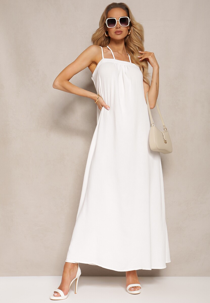 Biała Sukienka z Regulowanymi Ramiączkami i Wiązaniem przy Szyi Qloenma