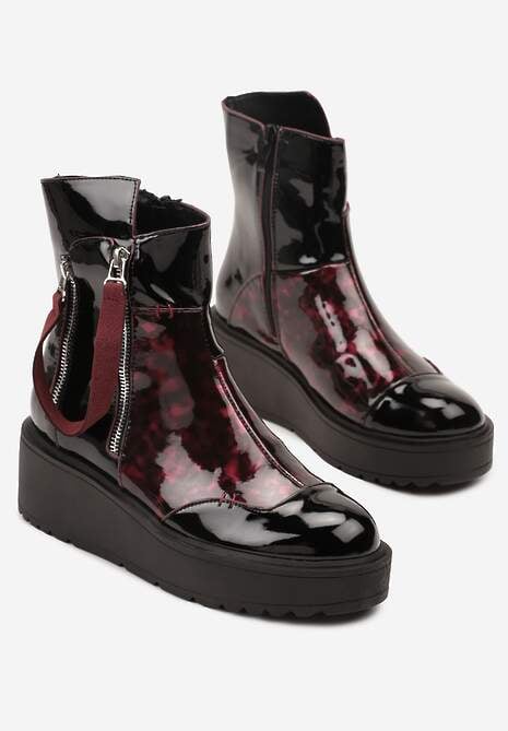 Czarno-Czerwone Botki Lakierowane Vices na Koturnie i Platformie Ozdobione Suwakiem Gattie