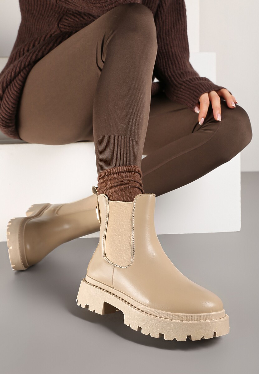 Beżowe Botki na Platformie w Stylu Sztybletów z Gumką i Metalicznym Wykończeniem Lerives