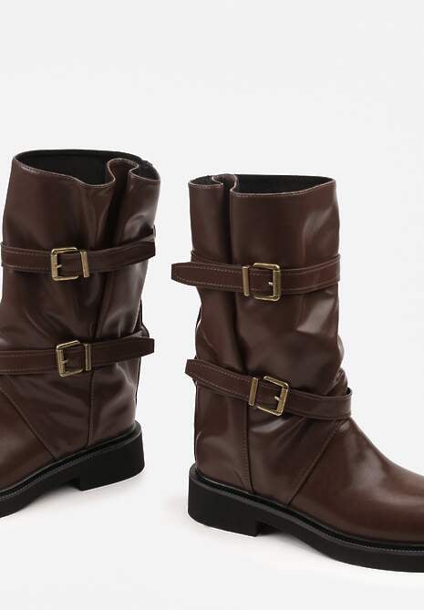 Brązowe Botki Biker Boots z Marszczoną Cholewką i Paskami ze Sprzączkami Sinesa