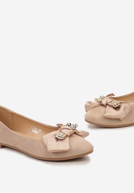Ciemnobeżowe Eleganckie Balerinki z Kokardką i Metaliczną Klamrą Kleveni