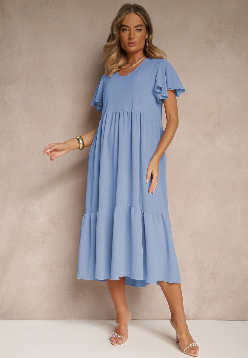 Jasnoniebieska Rozkloszowana Sukienka z Wiskozą w Casualowym Stylu Filarenna