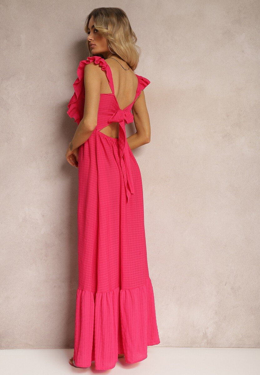 Fuksjowa Sukienka z Wiązaniem na Plecach na Ramiączkach z Falbankami i Gumką w Pasie Rollas
