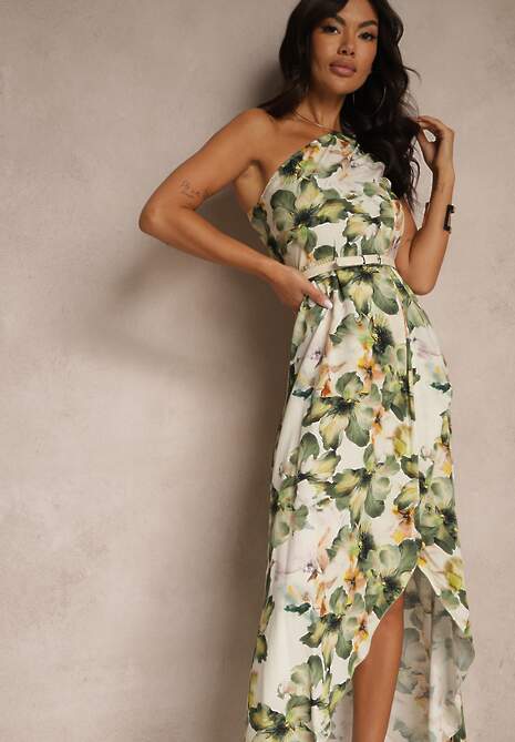 Ciemnozielona Asymetryczna Sukienka z Wiskozy w Kwiaty Linive