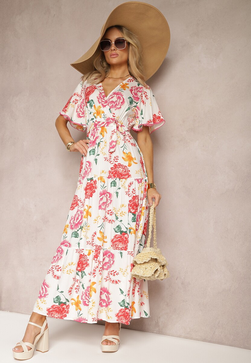 Biała Sukienka z Kopertowym Dekoltem i Falbanką Ozdobiona Kwiatowym Motywem Nisavela