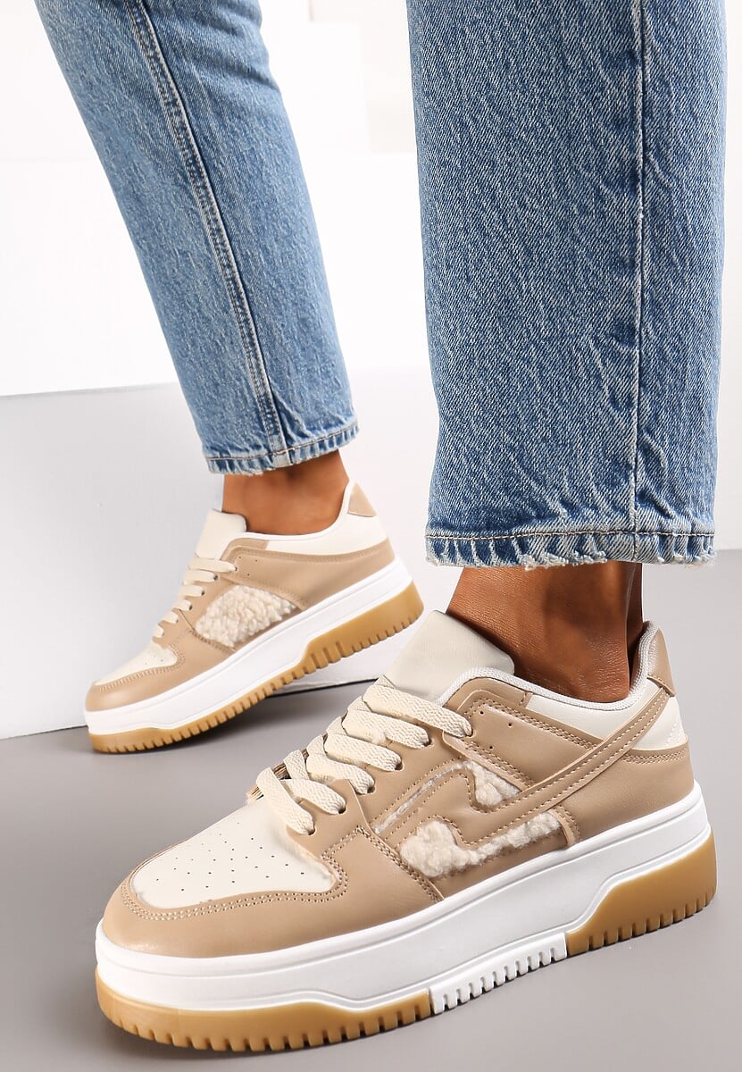 Ciemnobeżowe Sneakersy z Imitacji Skóry ze Wstawkami z Futerka Vaelisa