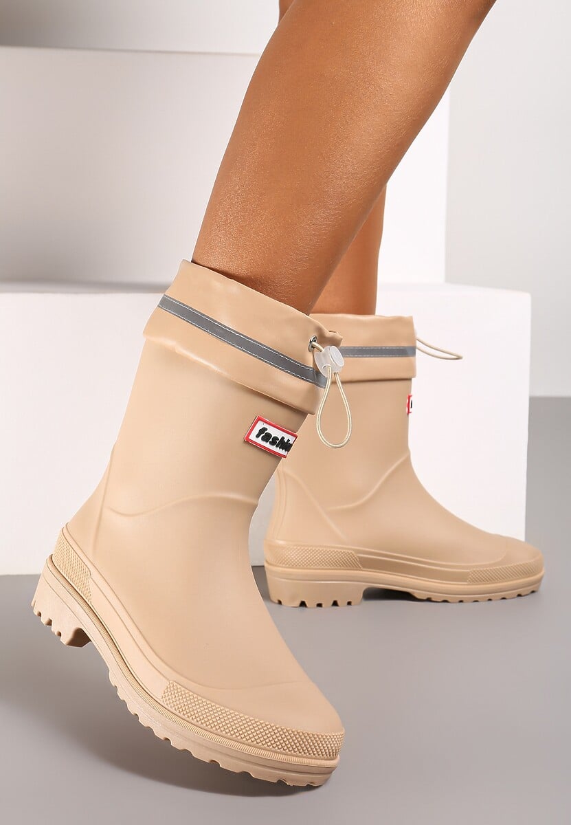 Beżowe Kalosze Hunterki Wykończone Odblaskiem i Ściągaczem Vimariay