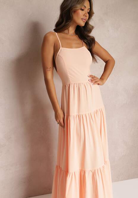 Pomarańczowa Rozkloszowana Maxi Sukienka z Falbankami i Wiązaniem na Tyle Karins