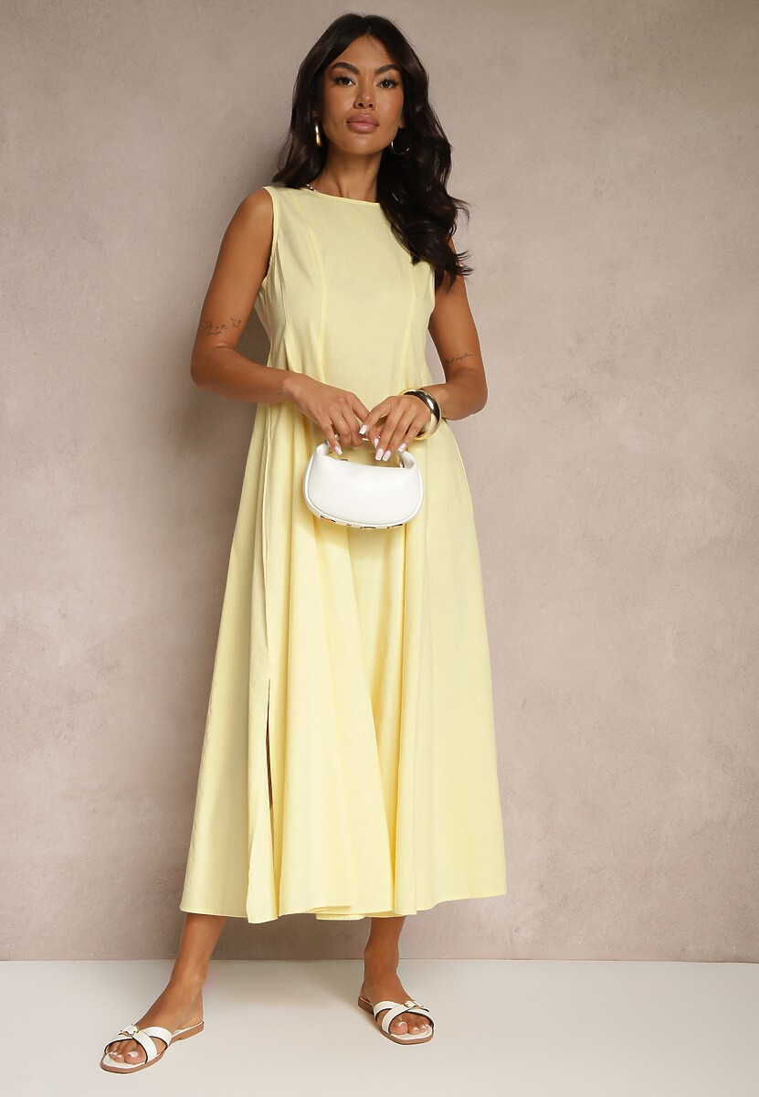 Żółta Sukienka Rozkloszowana z Wiskozą Bawełną i Rozcięciem na Nogę Saravisse