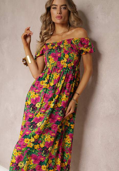 Fuksjowo-Żółta Wiskozowa Sukienka Midi O Fasonie Hiszpanki w Kwiatowy Print Ambersen