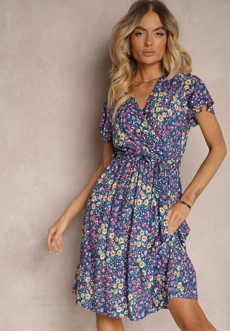 Niebieska Sukienka z Wiskozy z Kopertowym Dekoltem Wykończona Gumką w Pasie i Sznurkiem Abrolea