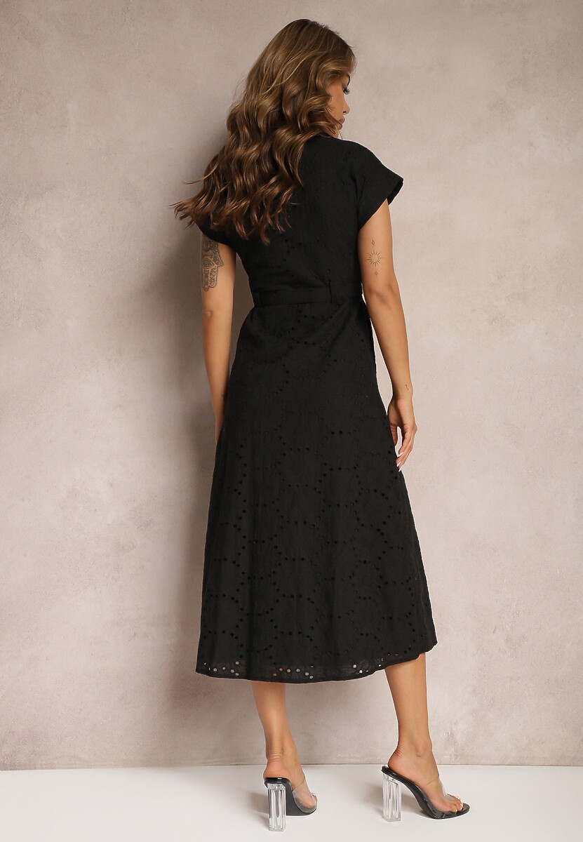 Czarna Rozkloszowana Koszulowa Sukienka z Bawełny z Ażurowym Zdobieniem i Paskiem Ilosofia