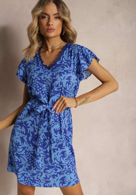 Niebiesko-Granatowa Sukienka z Dekoltem z Siateczką z Krótkim Rękawem i Materiałowym Paskiem Mleasa