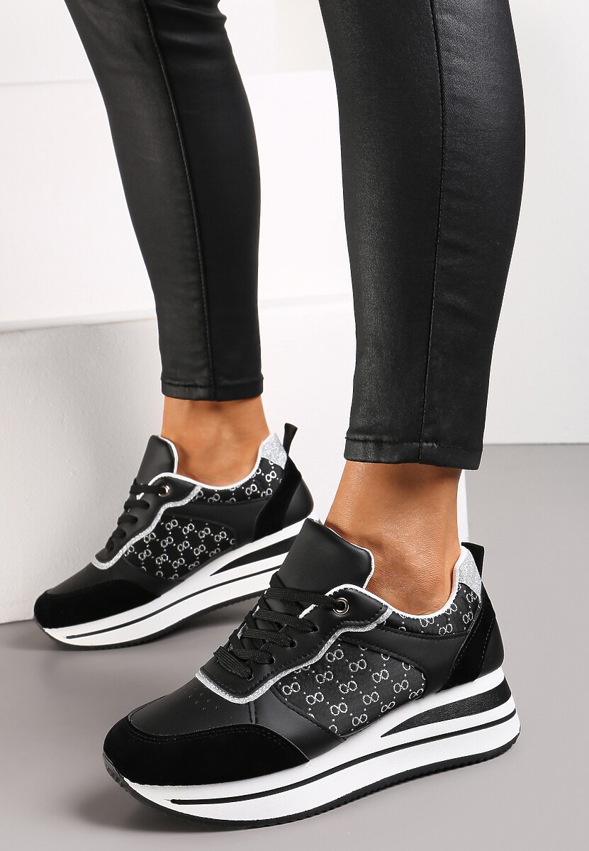 Czarne Sneakersy z Brokatem na Grubej Podeszwie Hilena