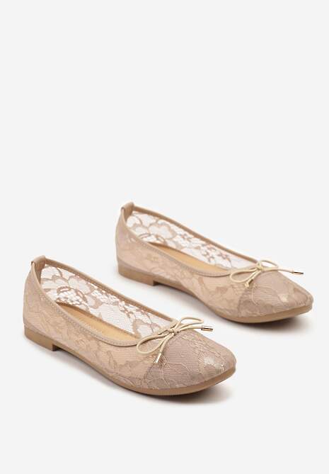 Ciemnobeżowe Balerinki z Koronkową Cholewką i Kokardą Ulidisa
