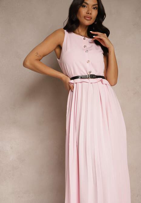 Różowa Plisowana Sukienka o Rozkloszowanym Kroju Bez Rękawów z Paskiem z Klamrą Iffule