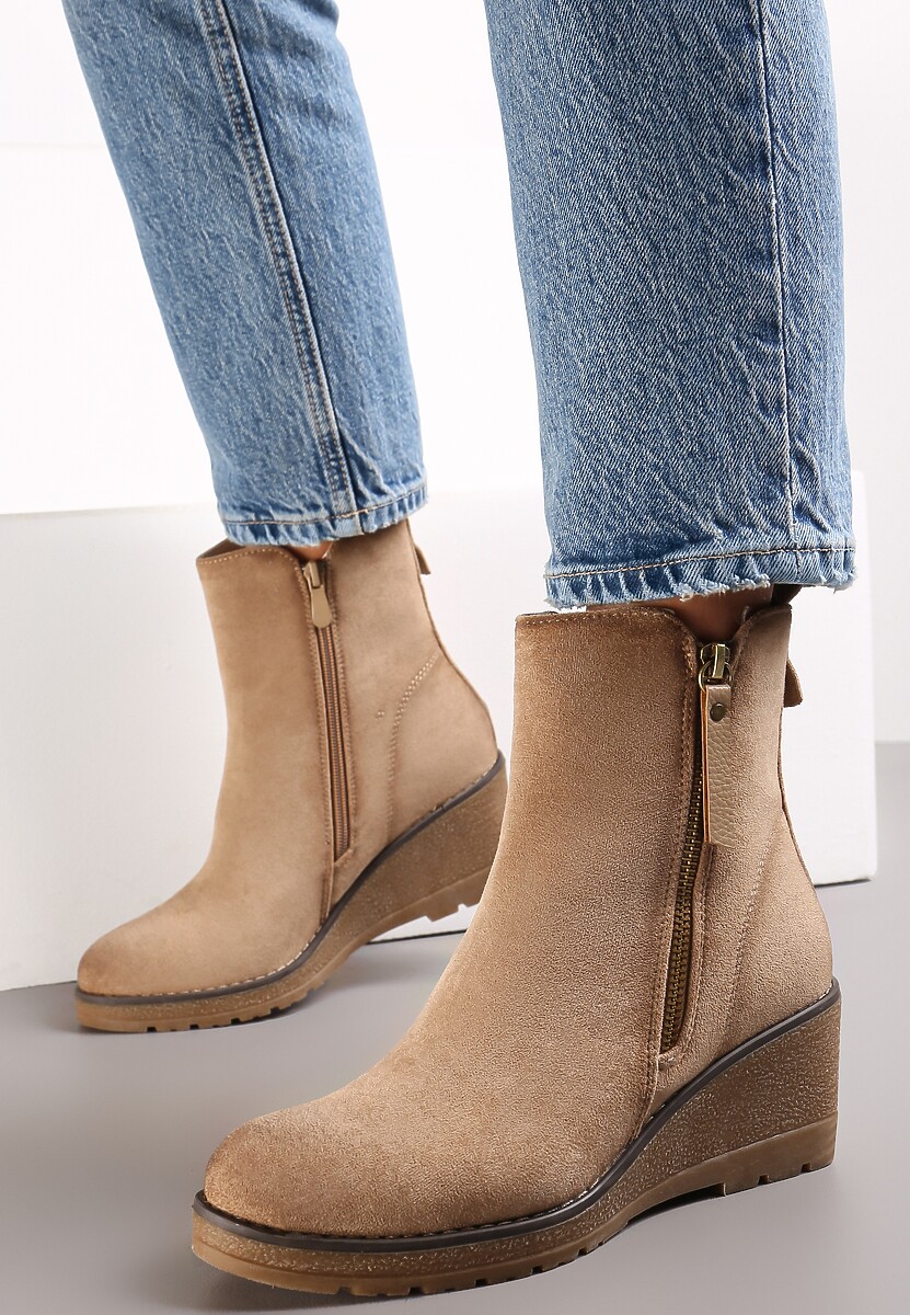 Beżowe Botki na Koturnie z Ozdobnym Suwakiem Houtanie