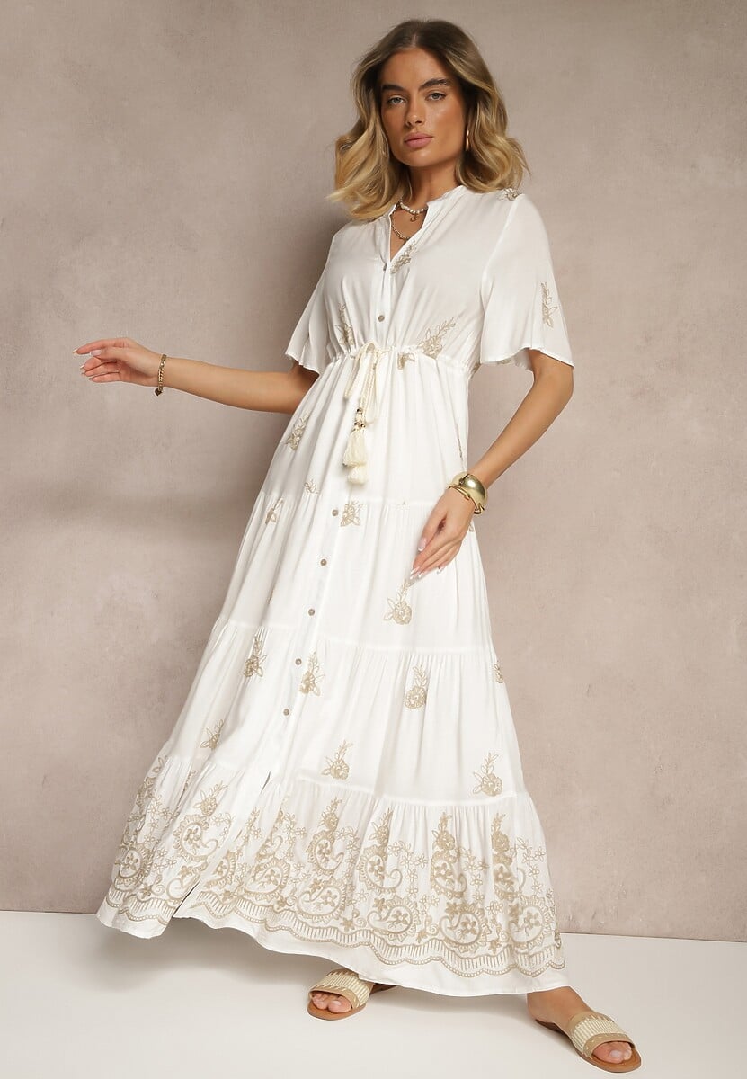 Beżowa Rozkloszowana Sukienka Boho z Wiskozy Zdobiona Haftem i Wiązaniem Falvania