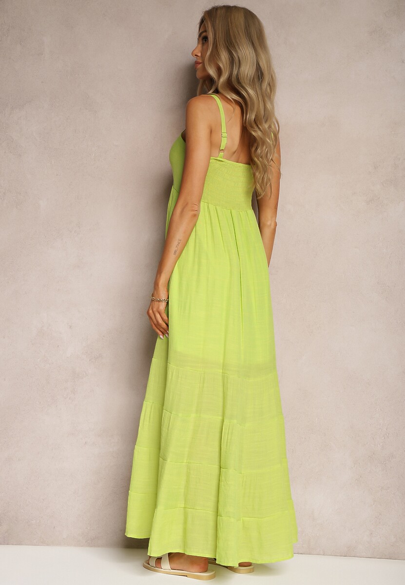 Jasnozielona Sukienka z Dodatkiem Bawełny na Ramiączkach z Regulacją oraz Gumką z Tyłu Tinanoras