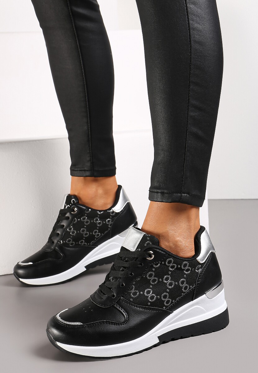 Czarne Sneakersy na Koturnie z Metaliczną Wstawką Derine