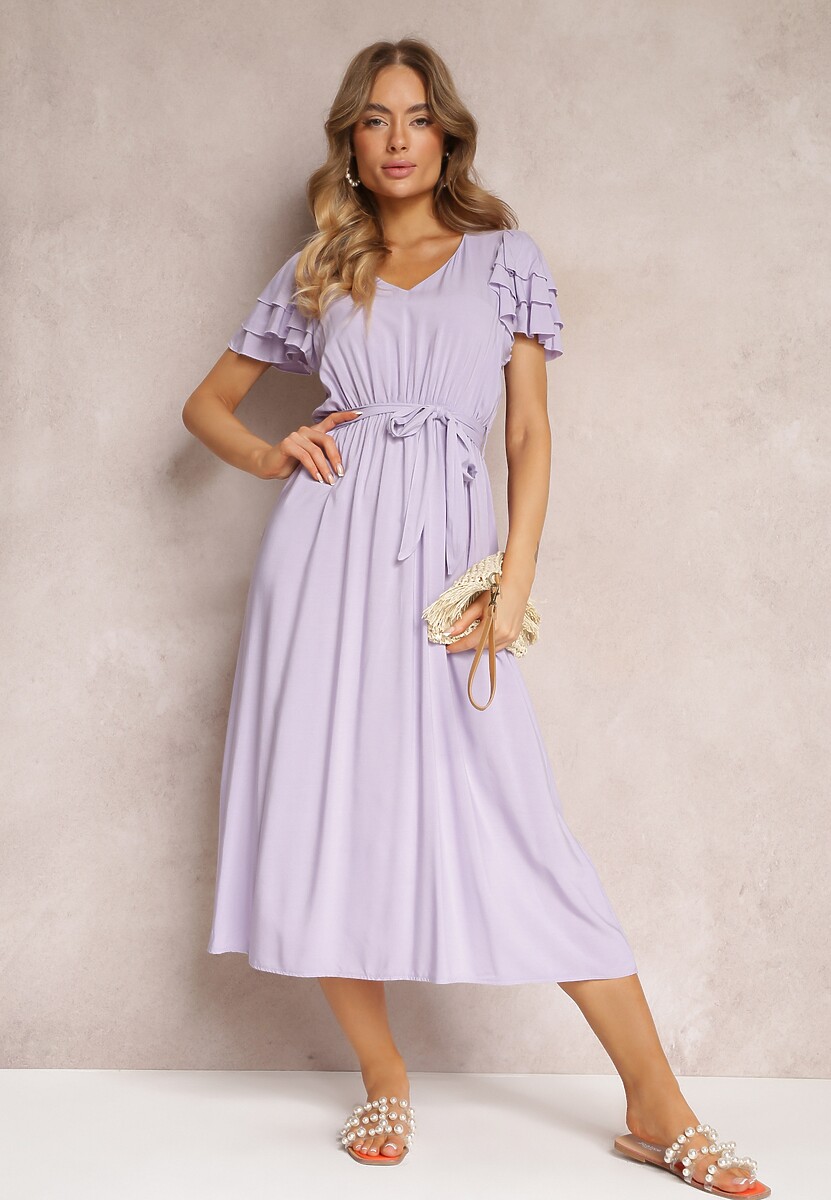 Fioletowa Wiskozowa Sukienka Midi z Gumką w Talii i Falbankami Nenora