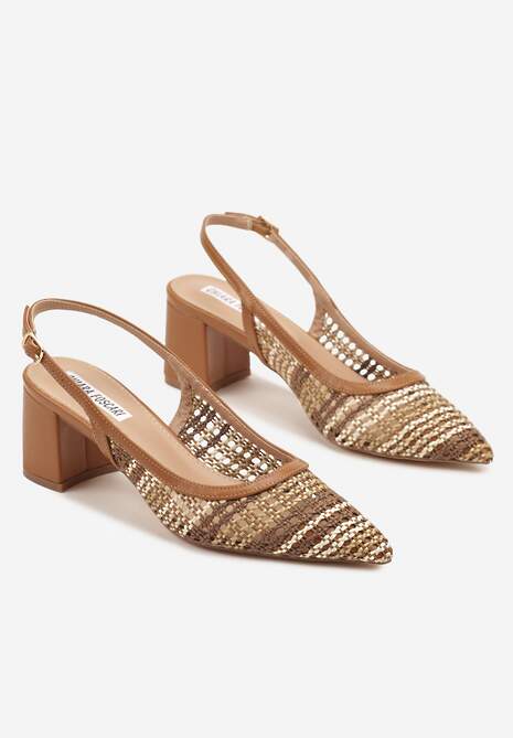 Brązowe Sandały na Słupku Slingback Ozdobione Szydełkową Cholewką Novilissea