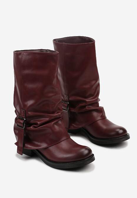 Bordowe Botki Bikery z Wywiniętą Cholewką z Marszczeniem i Klamrą Fenilea
