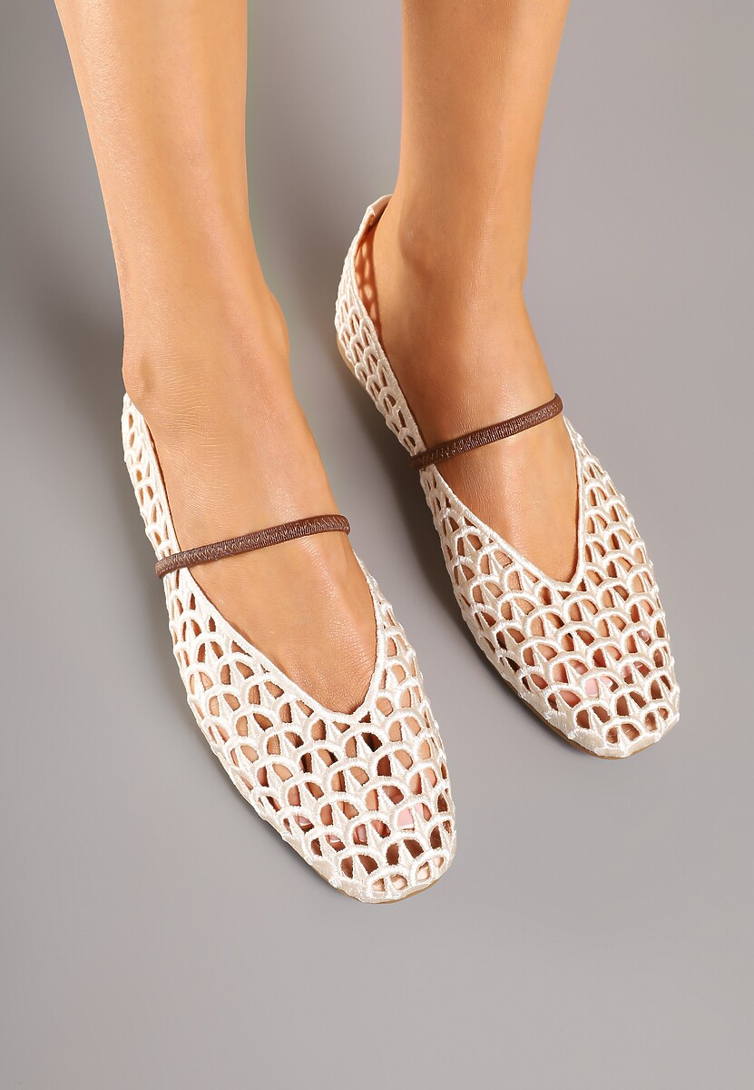 Beżowe Szydełkowe Balerinki w Stylu Boho z Paskiem Vomea