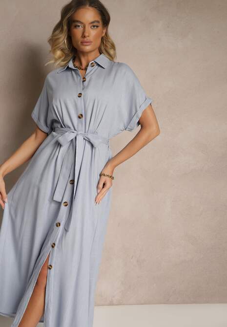 Niebieska Sukienka Koszulowa z Wiskozą i Lnem Ozdobiona Paskiem Lunie