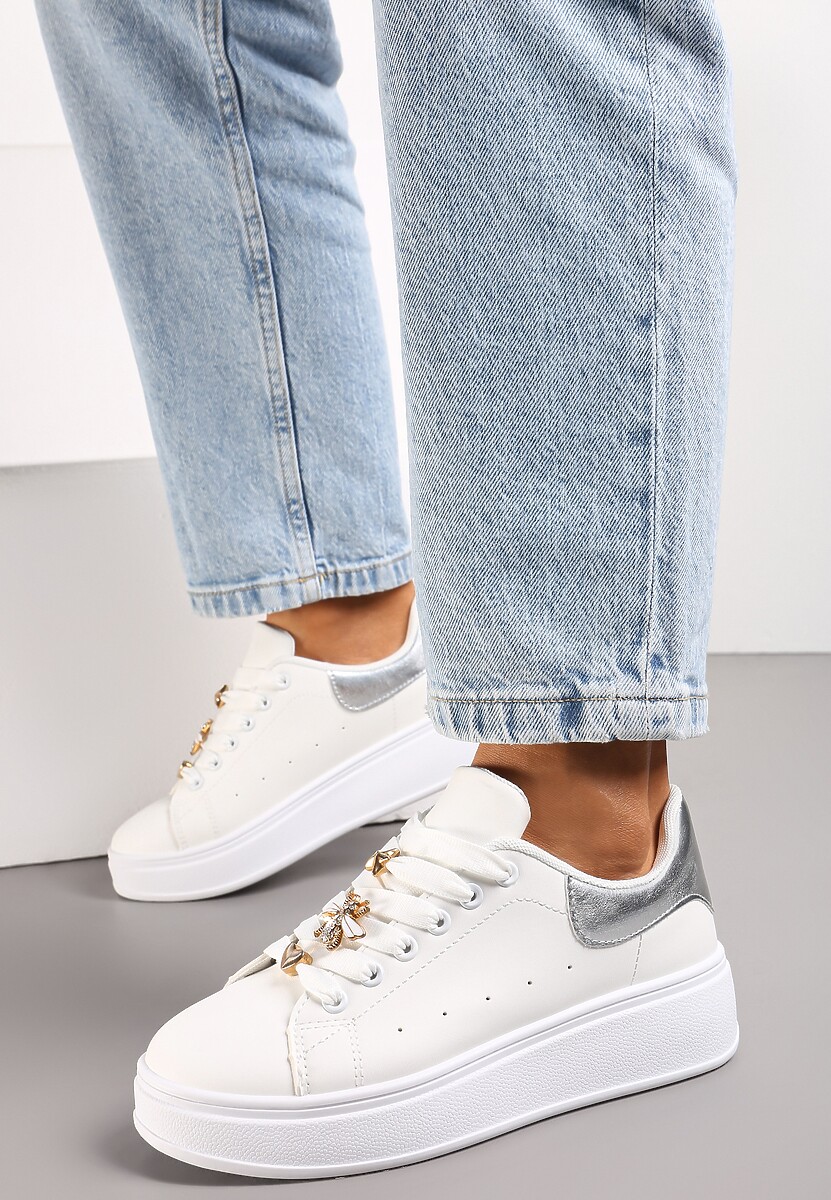 Biało-Srebrne Sneakersy na Platformie z Metaliczną Wstawką Grevaja