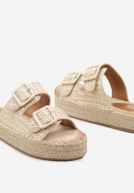 Beżowe Płaskie Klapki Ozdobione Plecionką z Regulowanymi Paskami i Sprzączkami Yannia