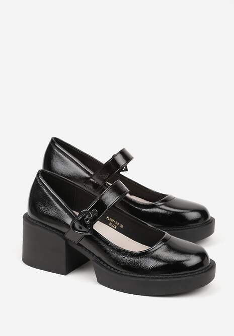 Czarne Lakierowane Półbuty ze Skórzaną Wkładką na Słupku z Platformą Fenelo