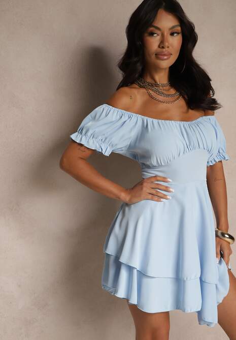 Jasnoniebieska Sukienka z Bawełną Ozdobiona Falbankami  i Bufkami Mavilare