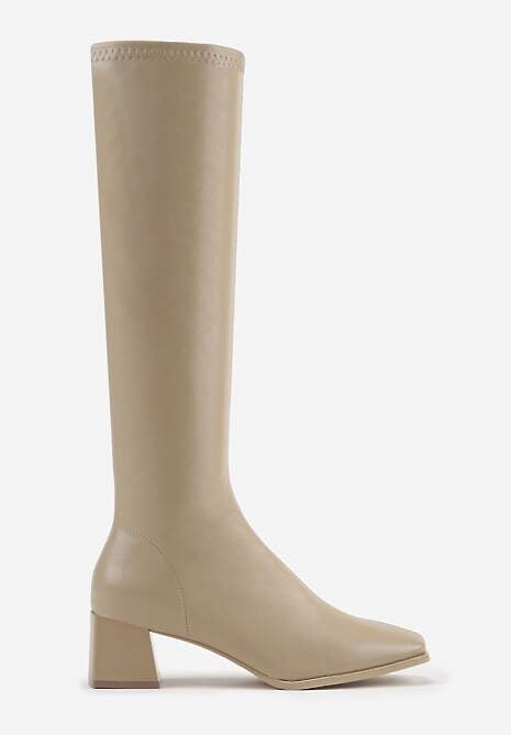 Ciemnobeżowe Kozaki na Geometrycznym Słupku z Kwadratowym Noskiem Brikalona