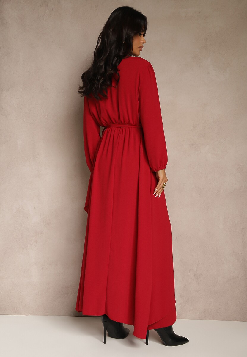 Czerwona Asymetryczna Koktajlowa Sukienka z Wiskozą Kopertowym Dekoltem i Paskiem Laniea