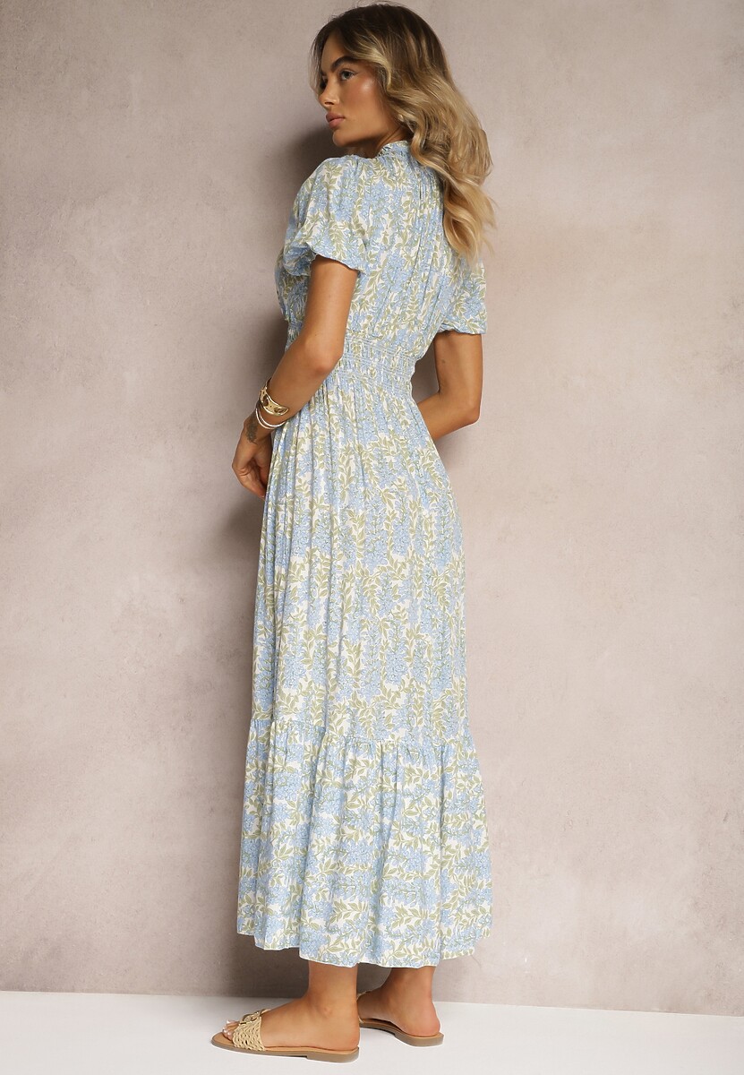 Niebieska Trapezowa Sukienka z Bawełny z Bufiastymi Rękawami Falbaną i Gumką w Talii Vimayana