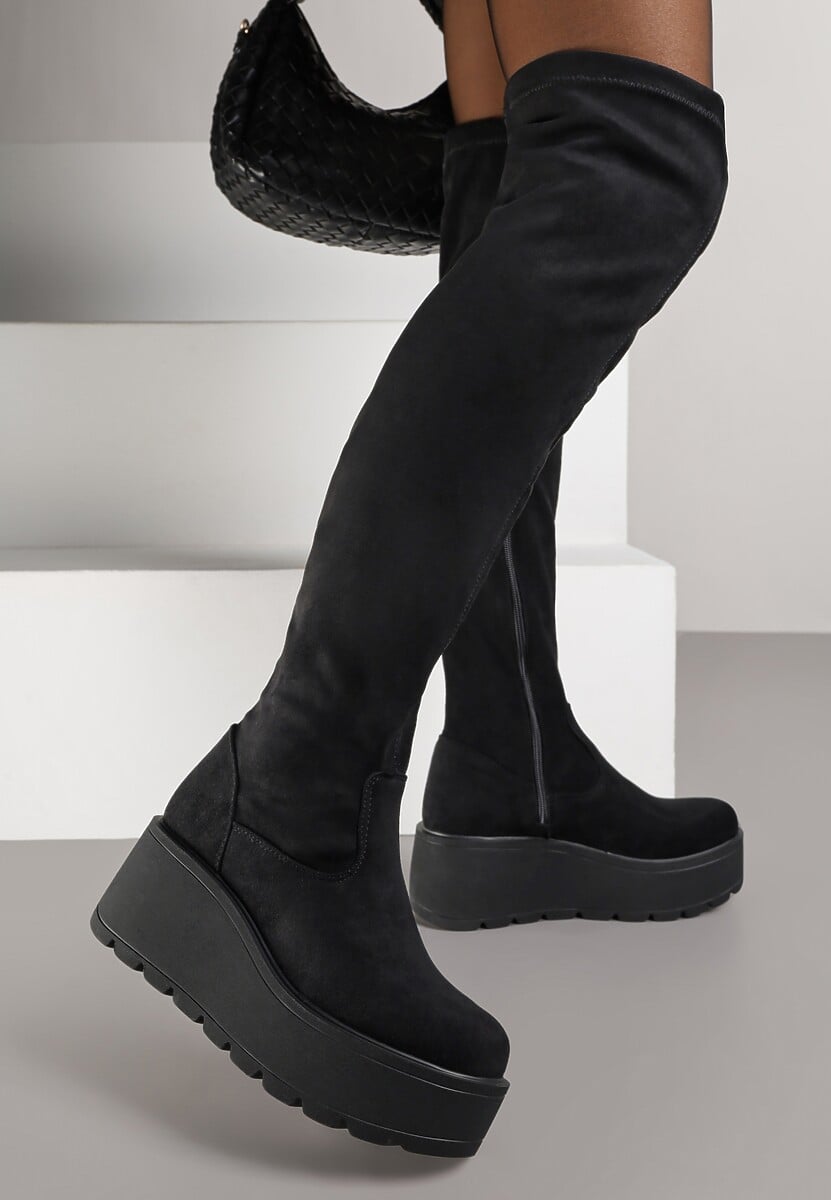 Czarne Casualowe Kozaki na Platformie i Koturnie z Dopasowaną Cholewką Erissia