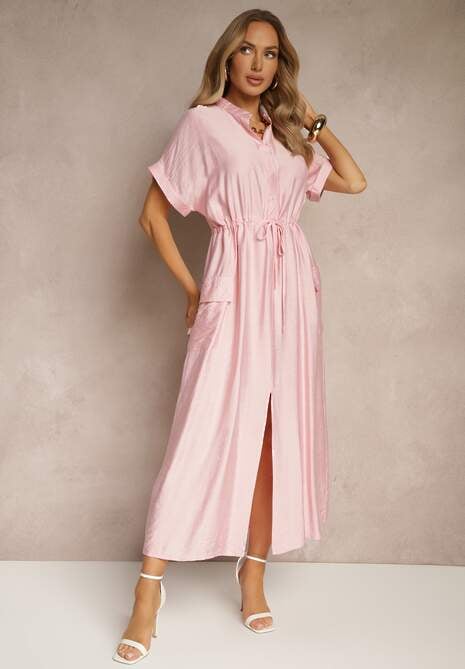 Różowa Sukienka z Wiskozą o Koszulowym Kroju z Wiązaniem w Pasie Pollivia
