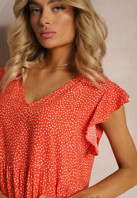 Pomarańczowa Rozkloszowana Sukienka z Bawełny w Kropki z Trójkątnym Dekoltem Riessa