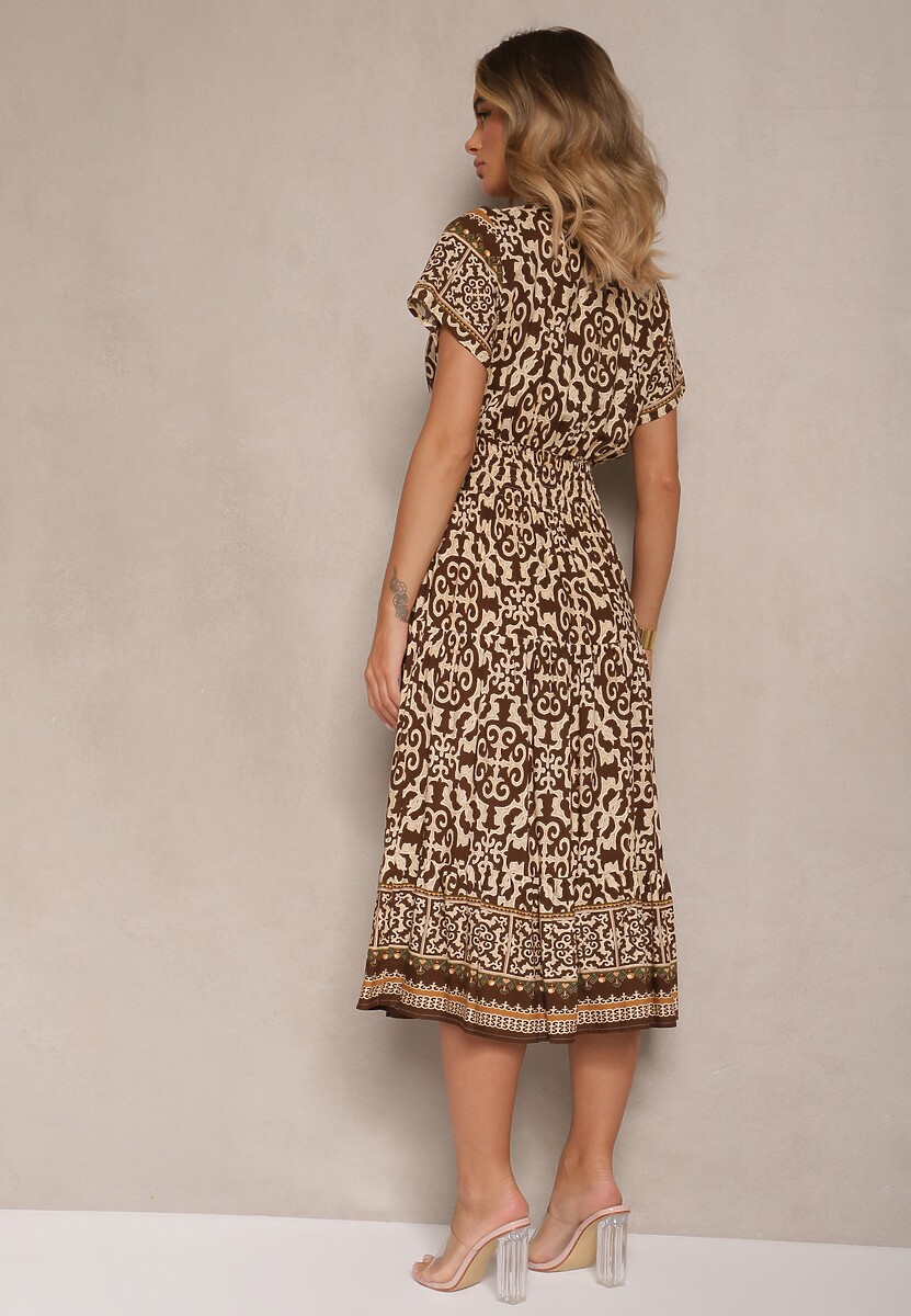 Brązowa Sukienka z Bawełny Ozdobiona Ornamentnym Motywem Fillena