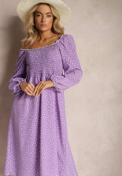 Fioletowa Midi Sukienka Rozkloszowana w Kropki Gernia
