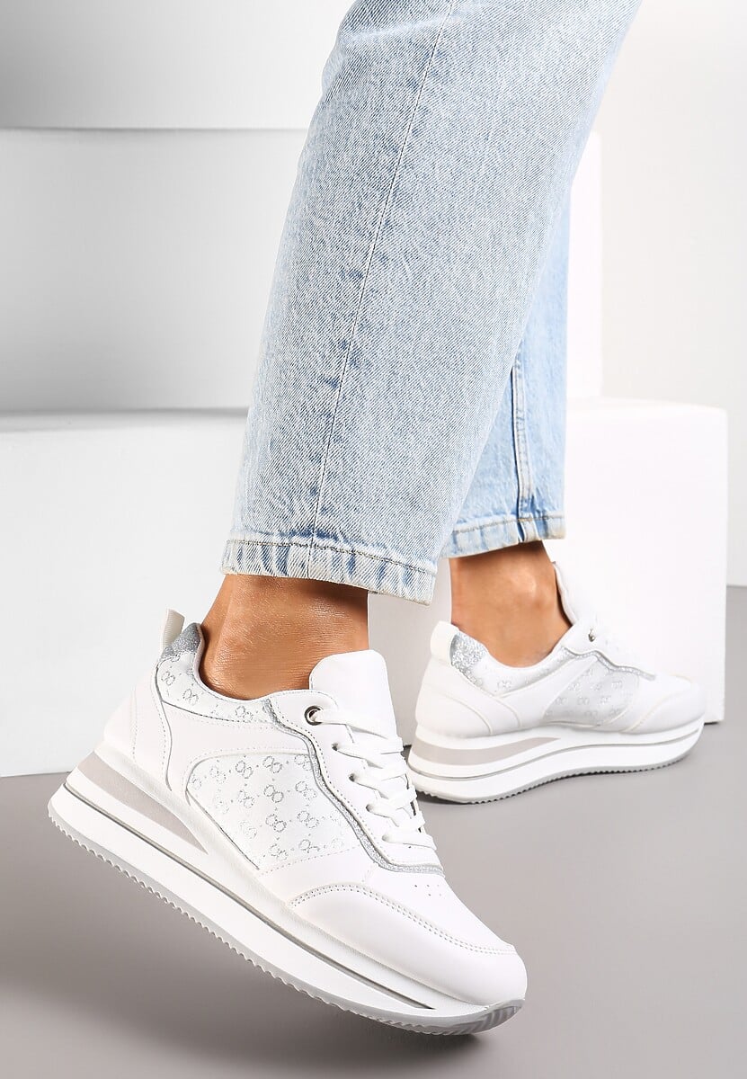 Białe Sneakersy z Brokatem na Grubej Podeszwie Hilena
