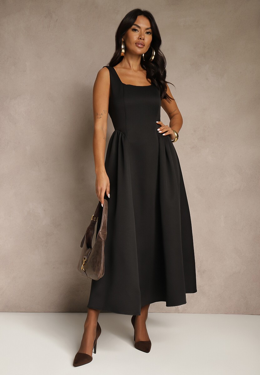 Brązowa Sukienka o Rozkloszowanym Kroju na Szerokich Ramiączkach Retelina